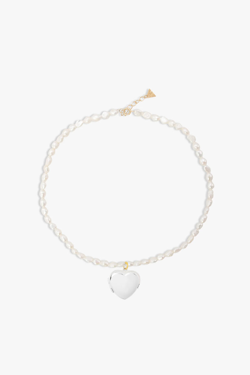 Silver Heart Locket Pearl Necklace