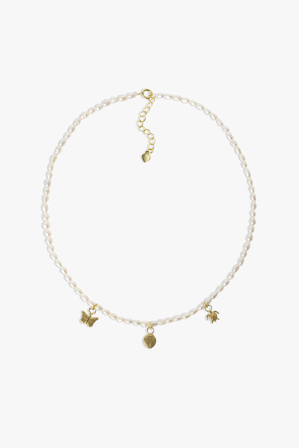 Three Charm Pearl Necklace