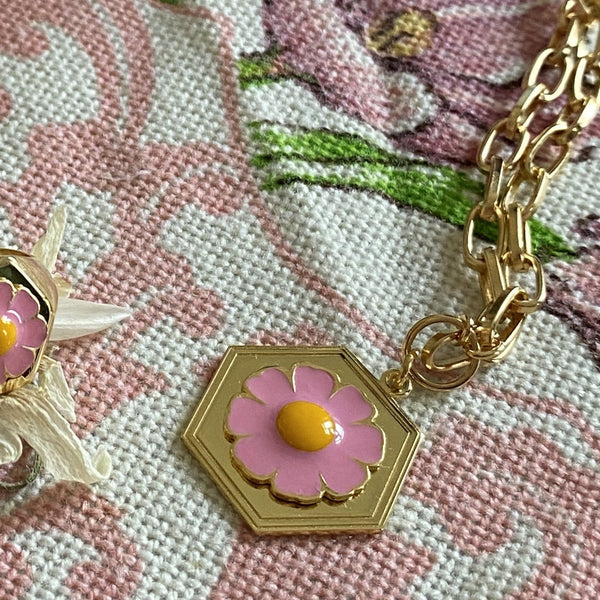 Gold Pink Daisy Necklace