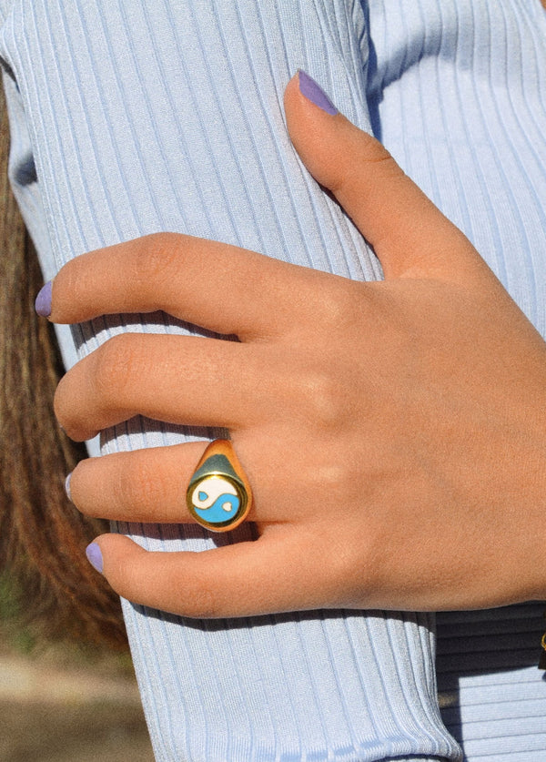 Gold Blue Yin Yang Ring